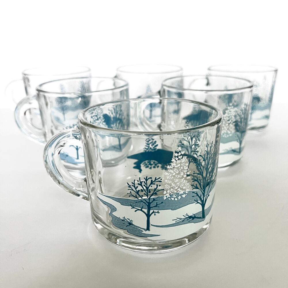 Set of 6 Vintage Anchor Hocking Winter Tree Mugs Clear Glass White Blue Design